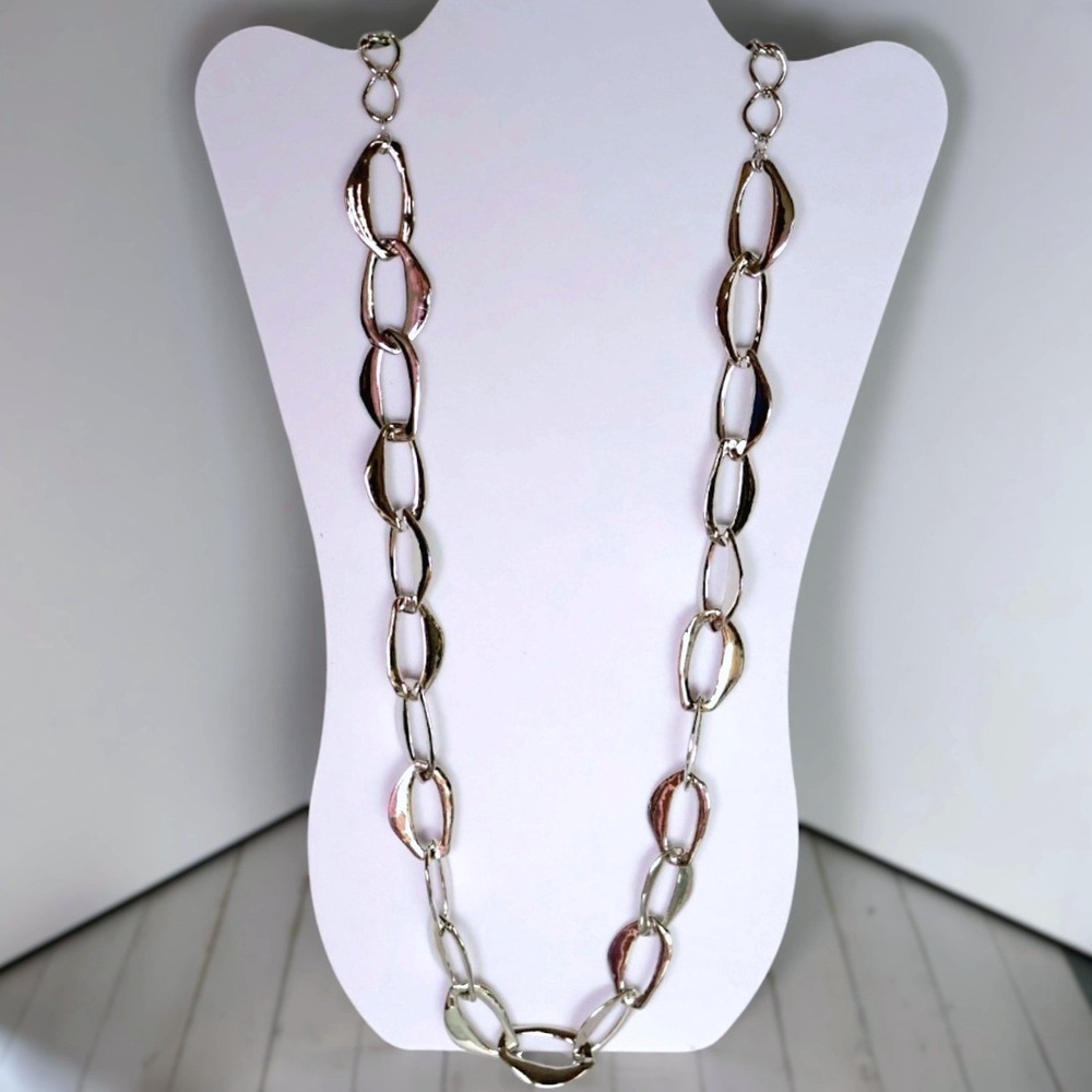 Chico's NOS Long Silver Tone Chain Sculptural Organic Wavy Open Link Necklace